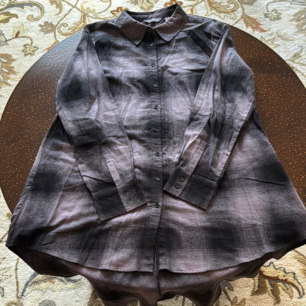 Lisa Rinna Collection Plaid Button Down Shirt - Black and Gray